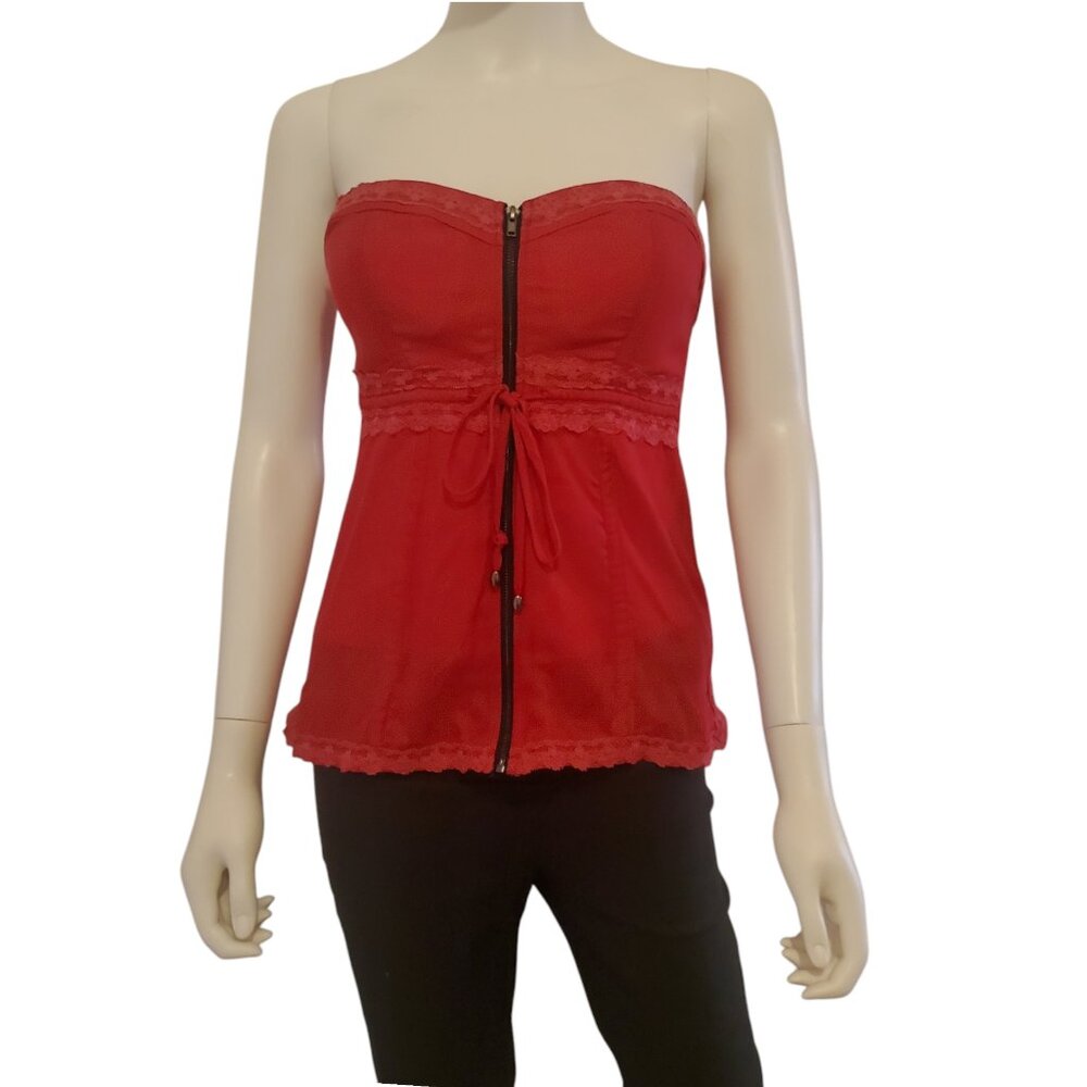 Red 2B Corset Top With Black Zipper With Drawstrings by BEBE